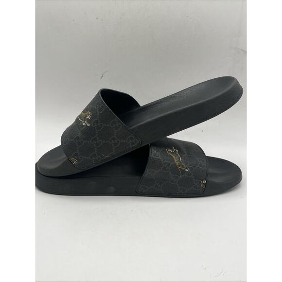 Gucci GG Supreme Slides Tiger Black Gold 407345 Men’s Sz US 10 USED AS IS main image 4